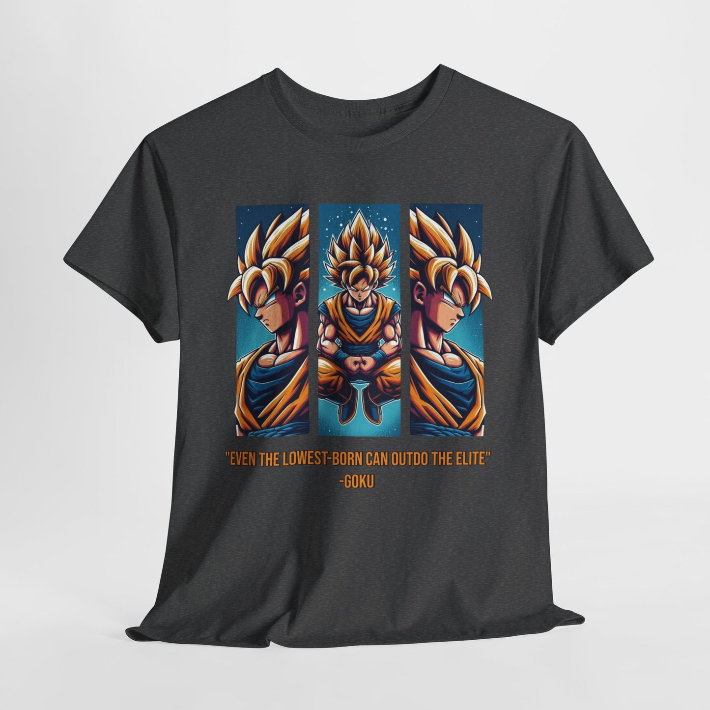 Dragon Power Tee: Goku's Rise - 'Even the Lowest Born Can Outdo the Elite' - 3 Epic Angles Design Unisex Heavy cotton Tee