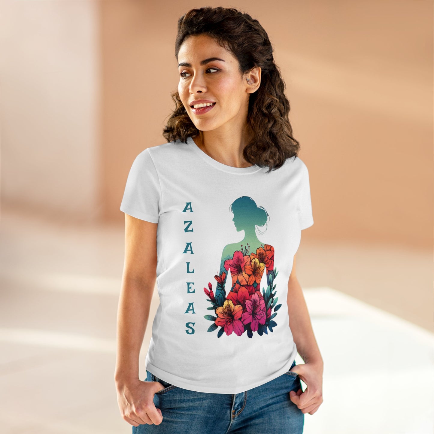 Azalea Whispers: Woman in Bloom, Midweight Cotton Tee