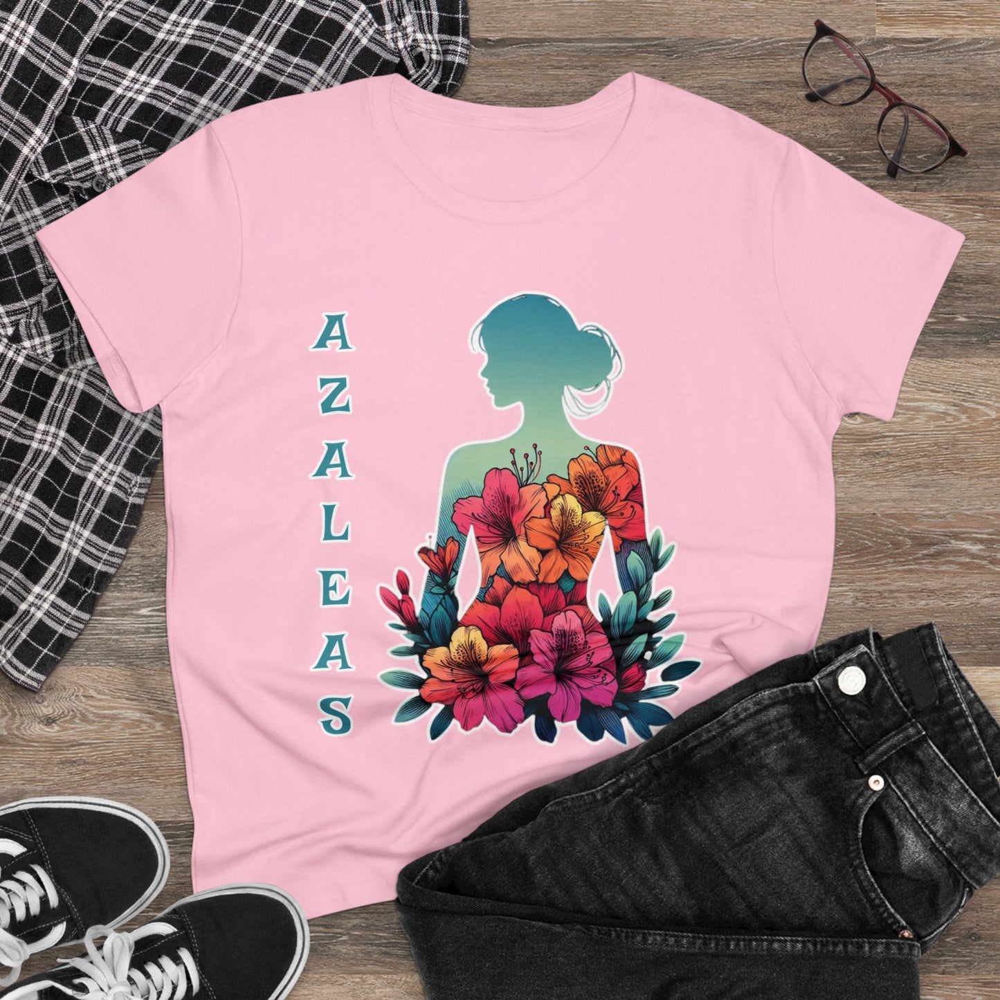 Azalea Whispers: Woman in Bloom, Midweight Cotton Tee