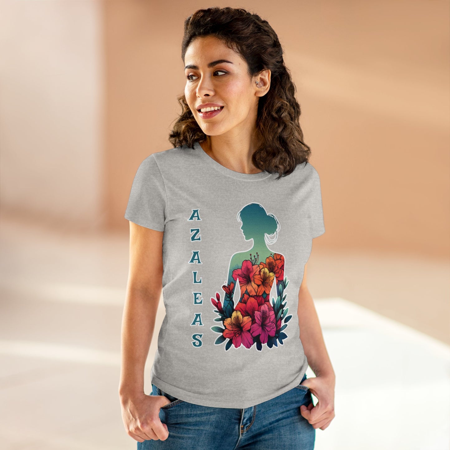 Azalea Whispers: Woman in Bloom, Midweight Cotton Tee