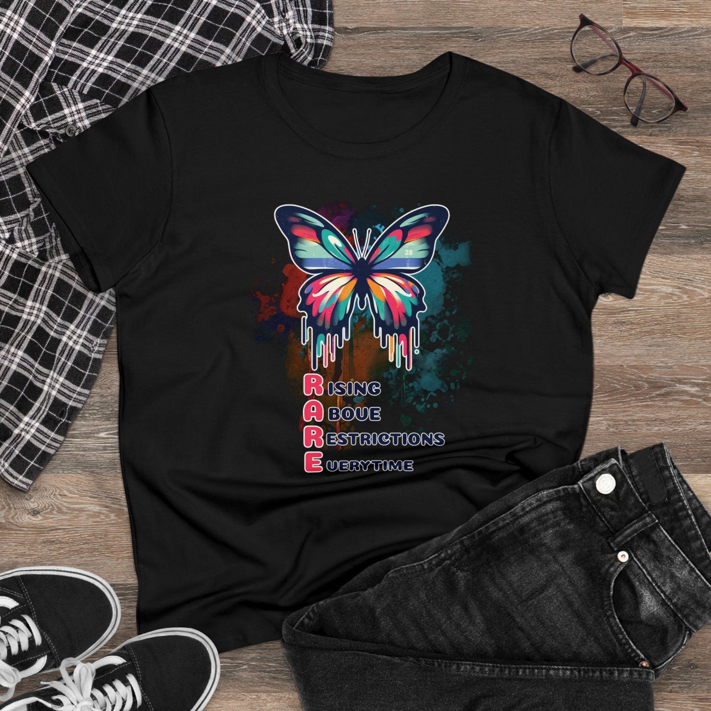 Fluttering Freedom: Women's Graphic T - RARE - Rising Above Restrictions Every Time