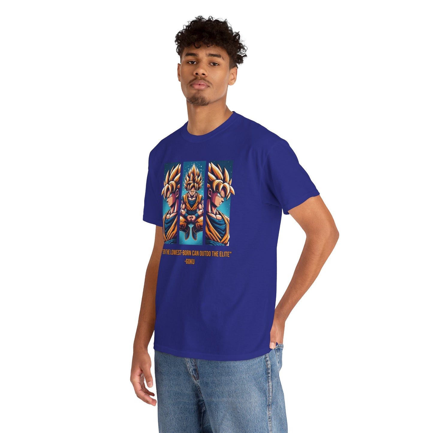 Dragon Power Tee: Goku's Rise - 'Even the Lowest Born Can Outdo the Elite' - 3 Epic Angles Design Unisex Heavy cotton Tee