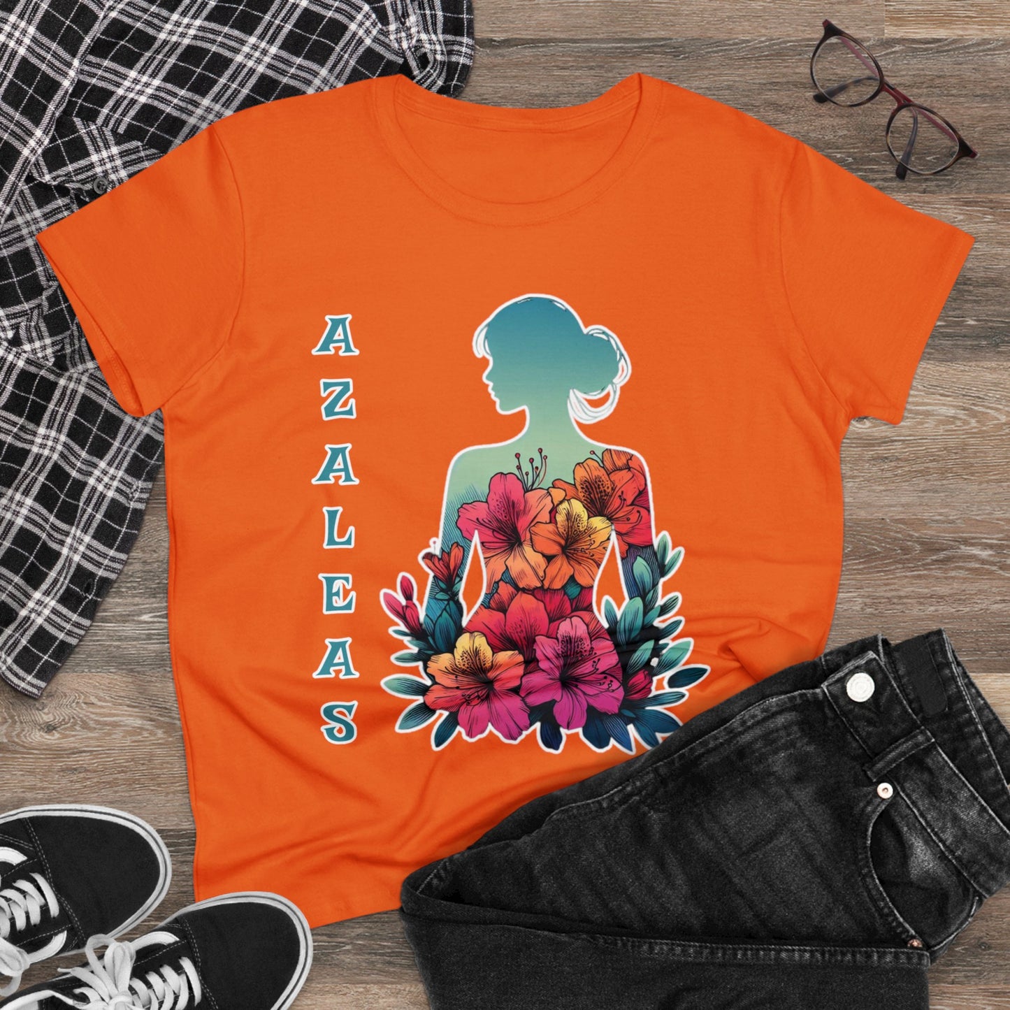 Azalea Whispers: Woman in Bloom, Midweight Cotton Tee