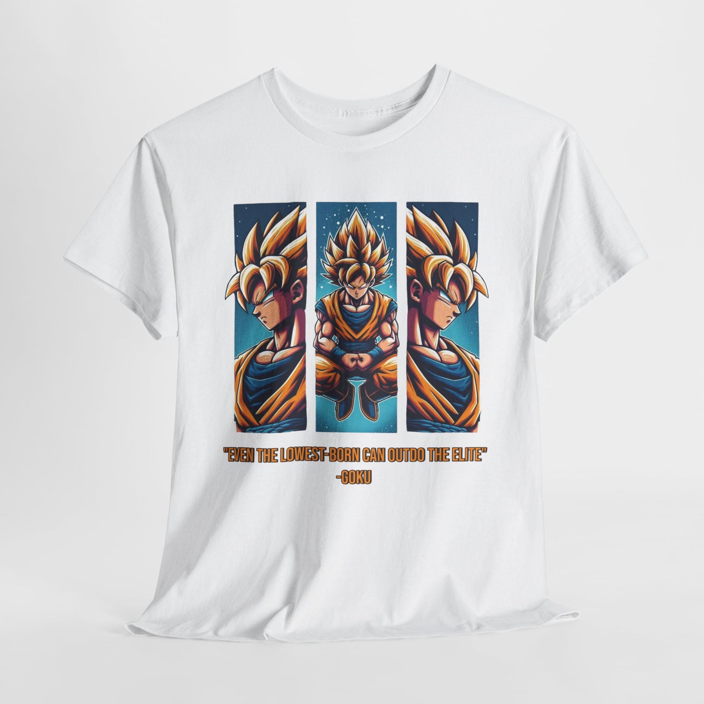 Dragon Power Tee: Goku's Rise - 'Even the Lowest Born Can Outdo the Elite' - 3 Epic Angles Design Unisex Heavy cotton Tee