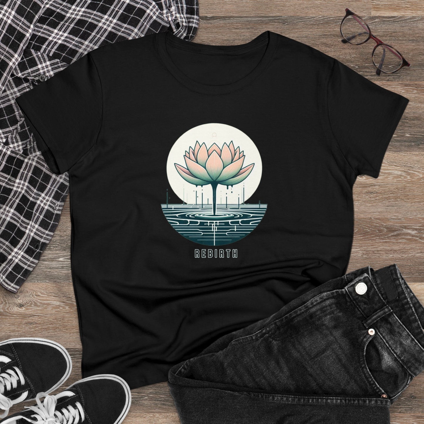 Blossoming Beauty, Women's Cotton Graphic T-Shirt with Lotus Flower Embrace and Rebirth Text