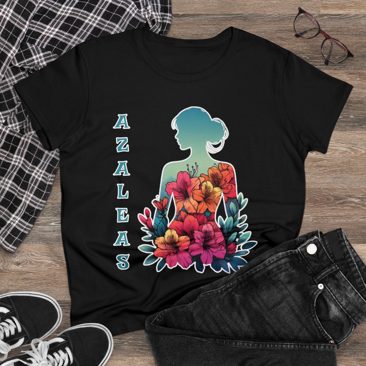 Azalea Whispers: Woman in Bloom, Midweight Cotton Tee