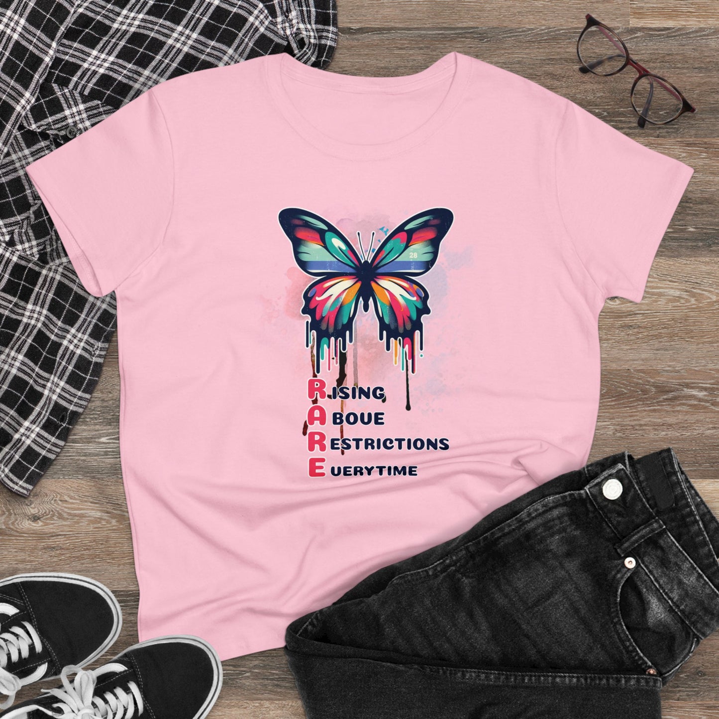 Fluttering Freedom: Women's Graphic T - RARE - Rising Above Restrictions Every Time