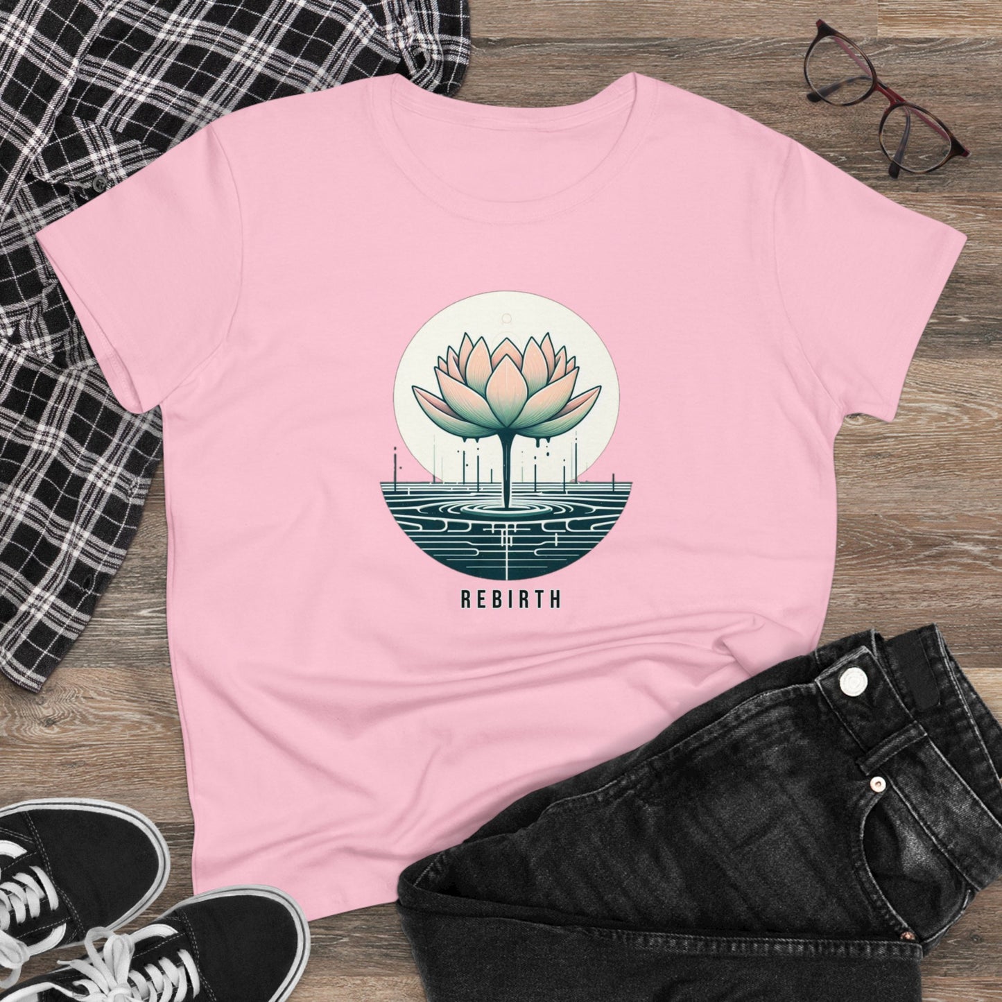 Blossoming Beauty, Women's Cotton Graphic T-Shirt with Lotus Flower Embrace and Rebirth Text
