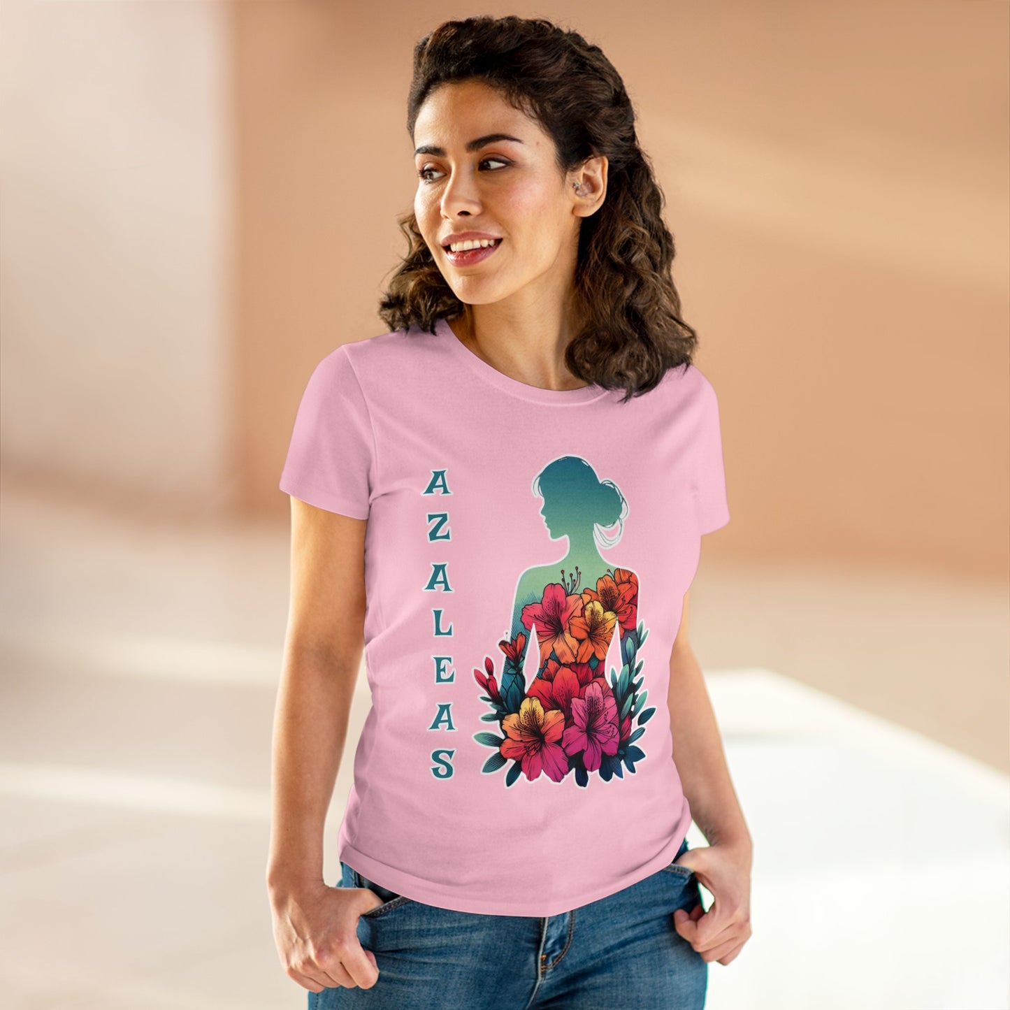 Azalea Whispers: Woman in Bloom, Midweight Cotton Tee