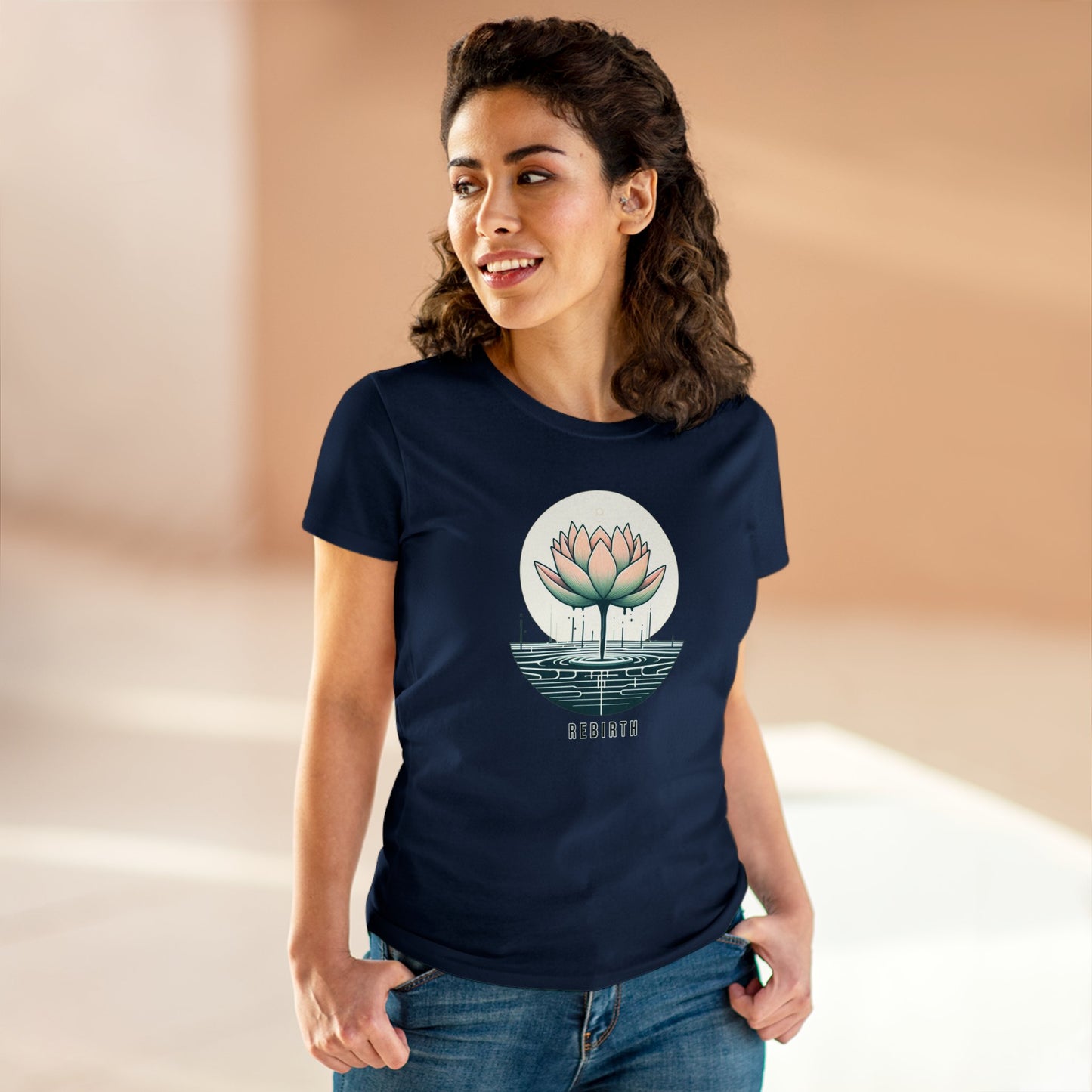 Blossoming Beauty, Women's Cotton Graphic T-Shirt with Lotus Flower Embrace and Rebirth Text