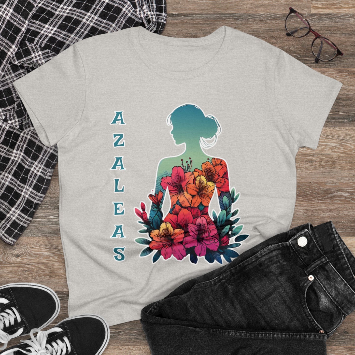 Azalea Whispers: Woman in Bloom, Midweight Cotton Tee