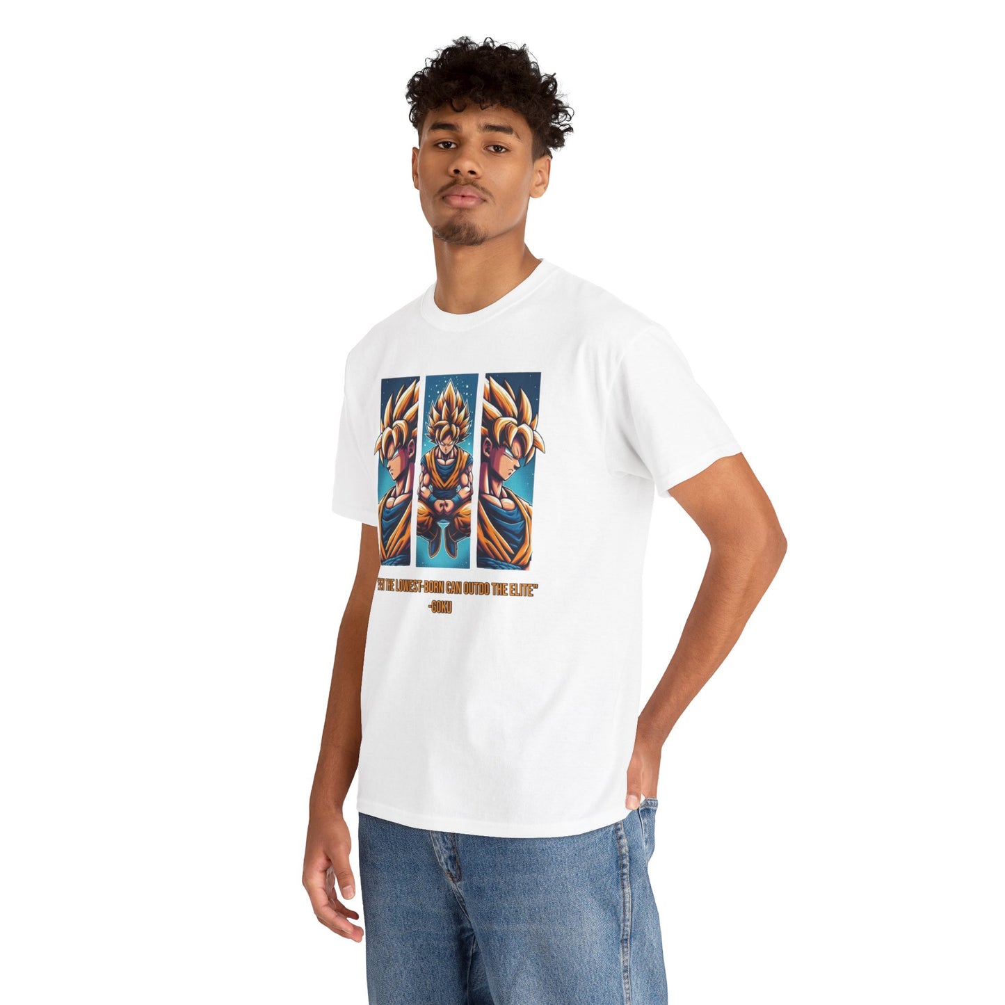 Dragon Power Tee: Goku's Rise - 'Even the Lowest Born Can Outdo the Elite' - 3 Epic Angles Design Unisex Heavy cotton Tee