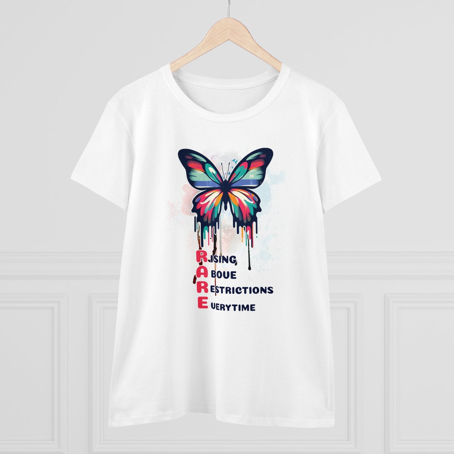 Fluttering Freedom: Women's Graphic T - RARE - Rising Above Restrictions Every Time