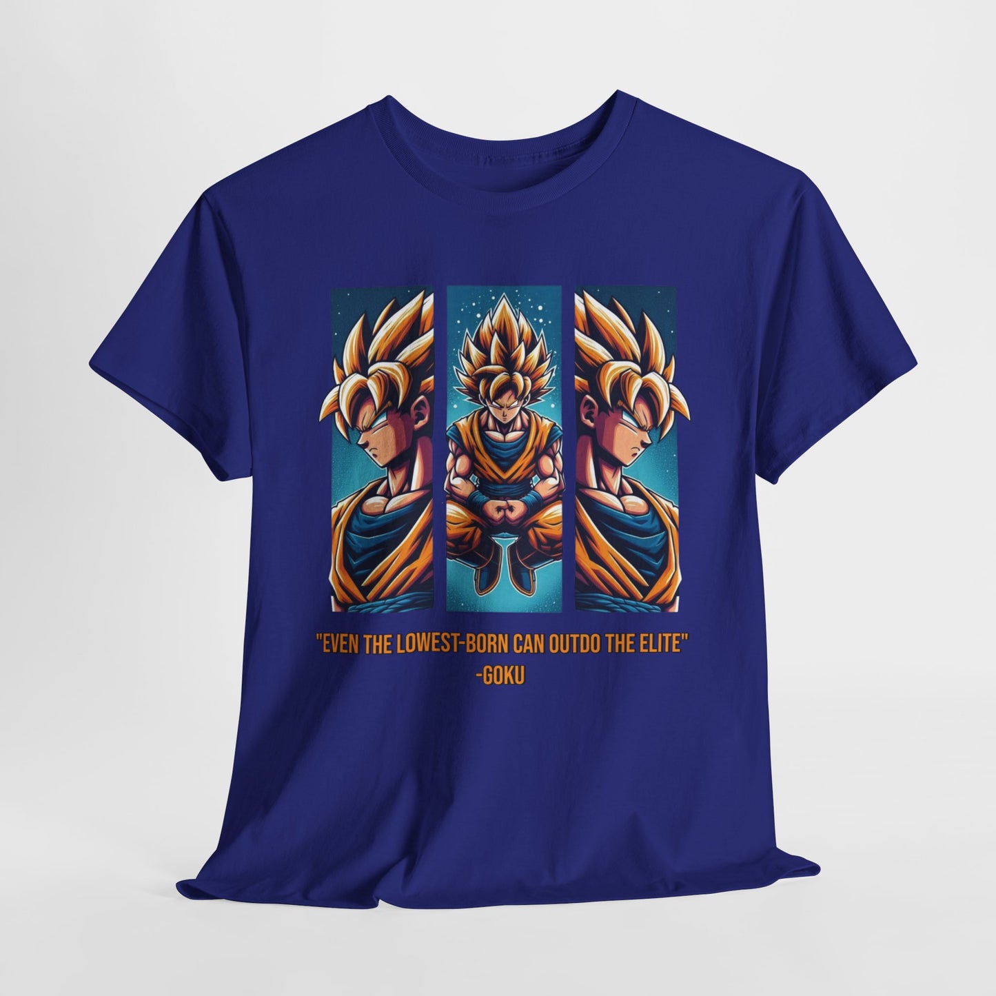 Dragon Power Tee: Goku's Rise - 'Even the Lowest Born Can Outdo the Elite' - 3 Epic Angles Design Unisex Heavy cotton Tee