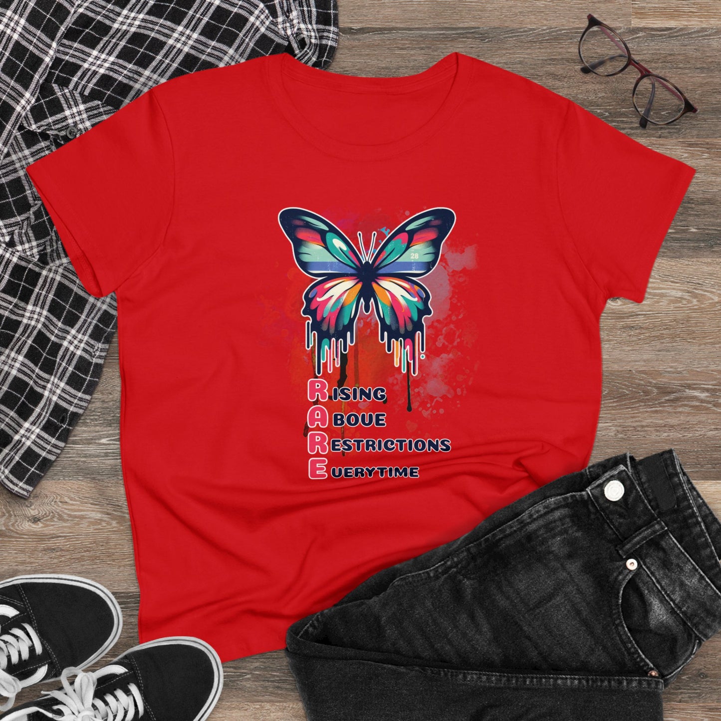 Fluttering Freedom: Women's Graphic T - RARE - Rising Above Restrictions Every Time