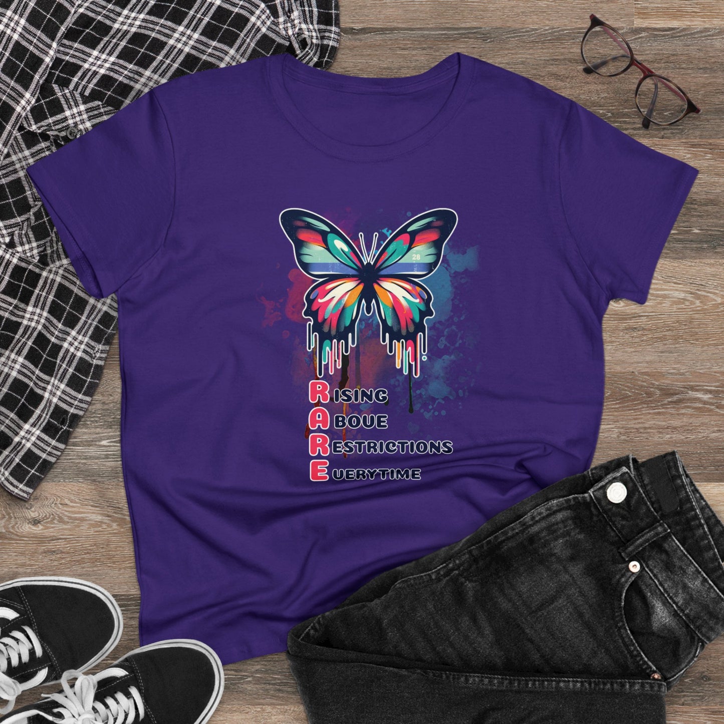 Fluttering Freedom: Women's Graphic T - RARE - Rising Above Restrictions Every Time