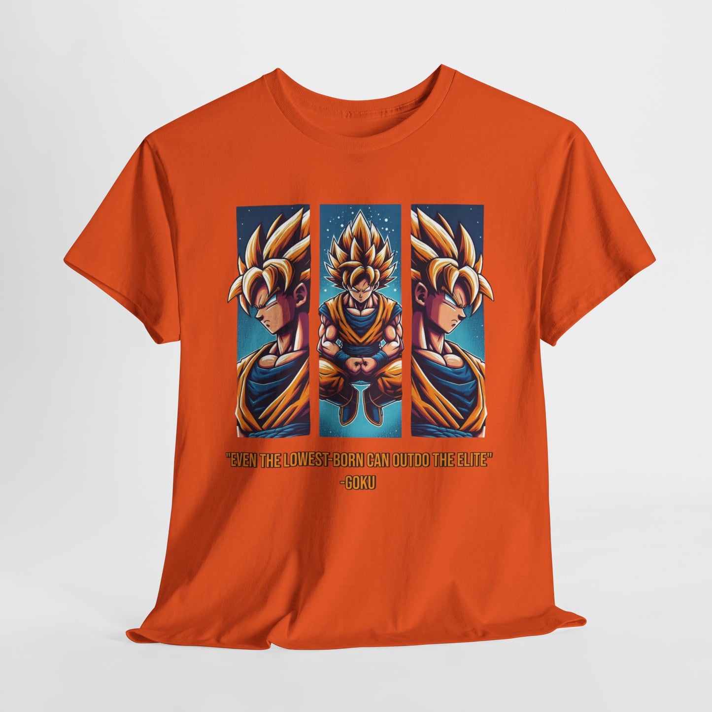 Dragon Power Tee: Goku's Rise - 'Even the Lowest Born Can Outdo the Elite' - 3 Epic Angles Design Unisex Heavy cotton Tee