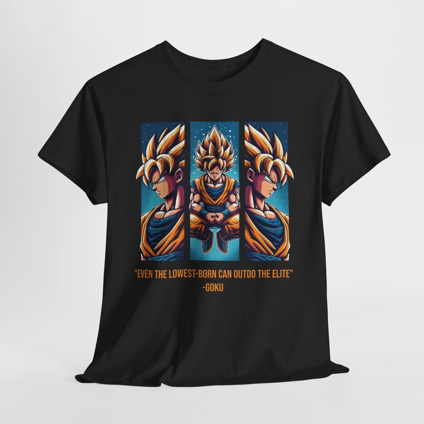 Dragon Power Tee: Goku's Rise - 'Even the Lowest Born Can Outdo the Elite' - 3 Epic Angles Design Unisex Heavy cotton Tee