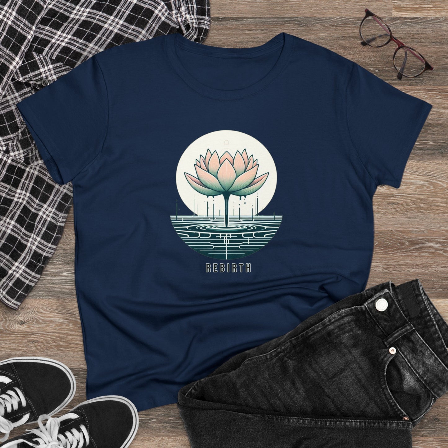 Blossoming Beauty, Women's Cotton Graphic T-Shirt with Lotus Flower Embrace and Rebirth Text
