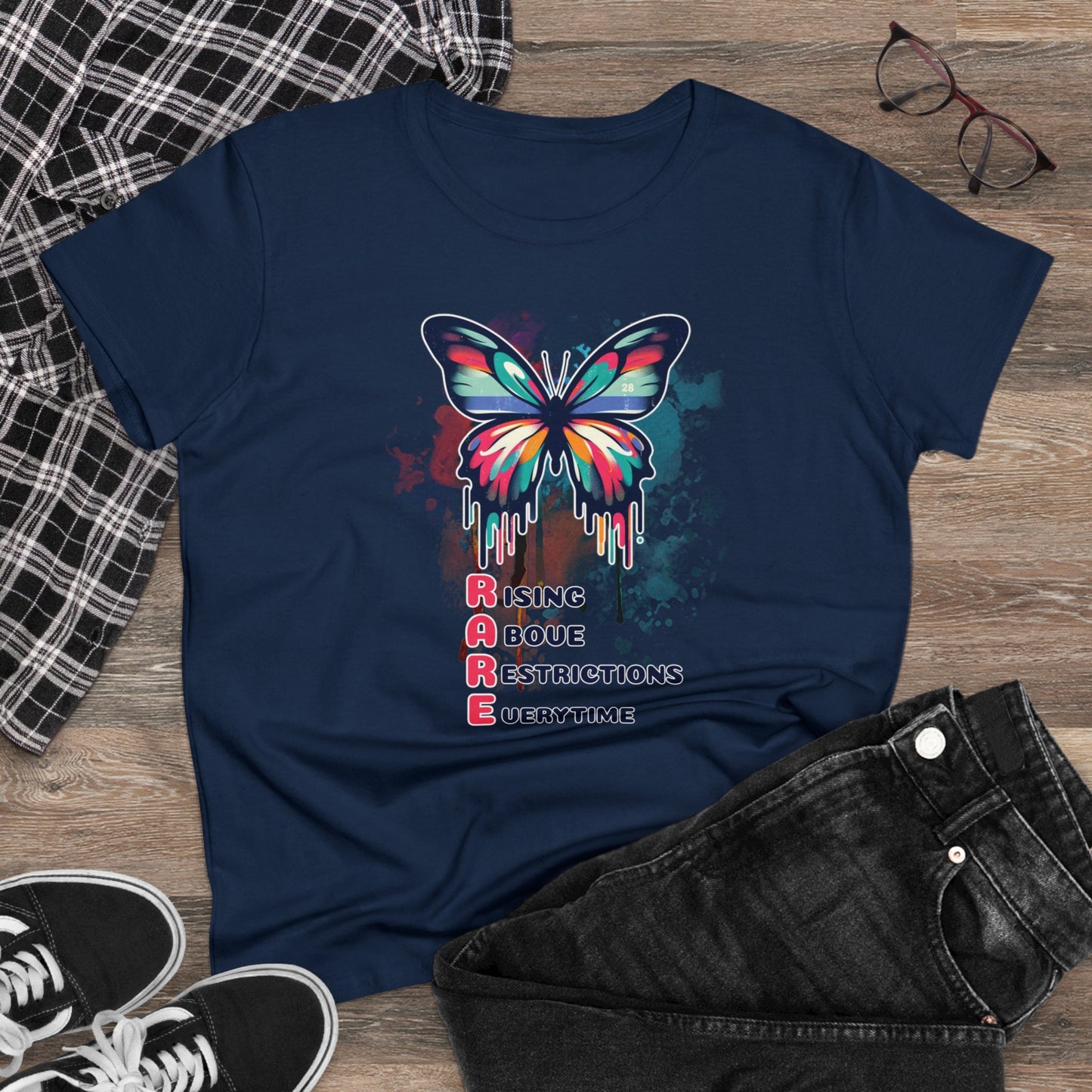 Fluttering Freedom: Women's Graphic T - RARE - Rising Above Restrictions Every Time