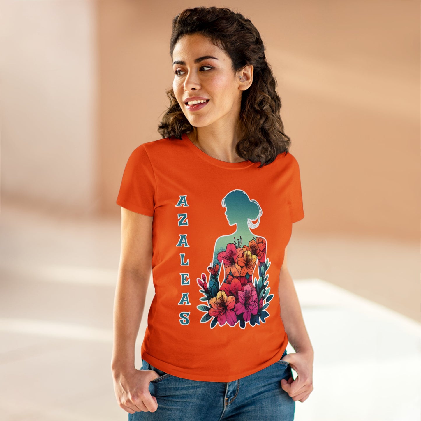 Azalea Whispers: Woman in Bloom, Midweight Cotton Tee