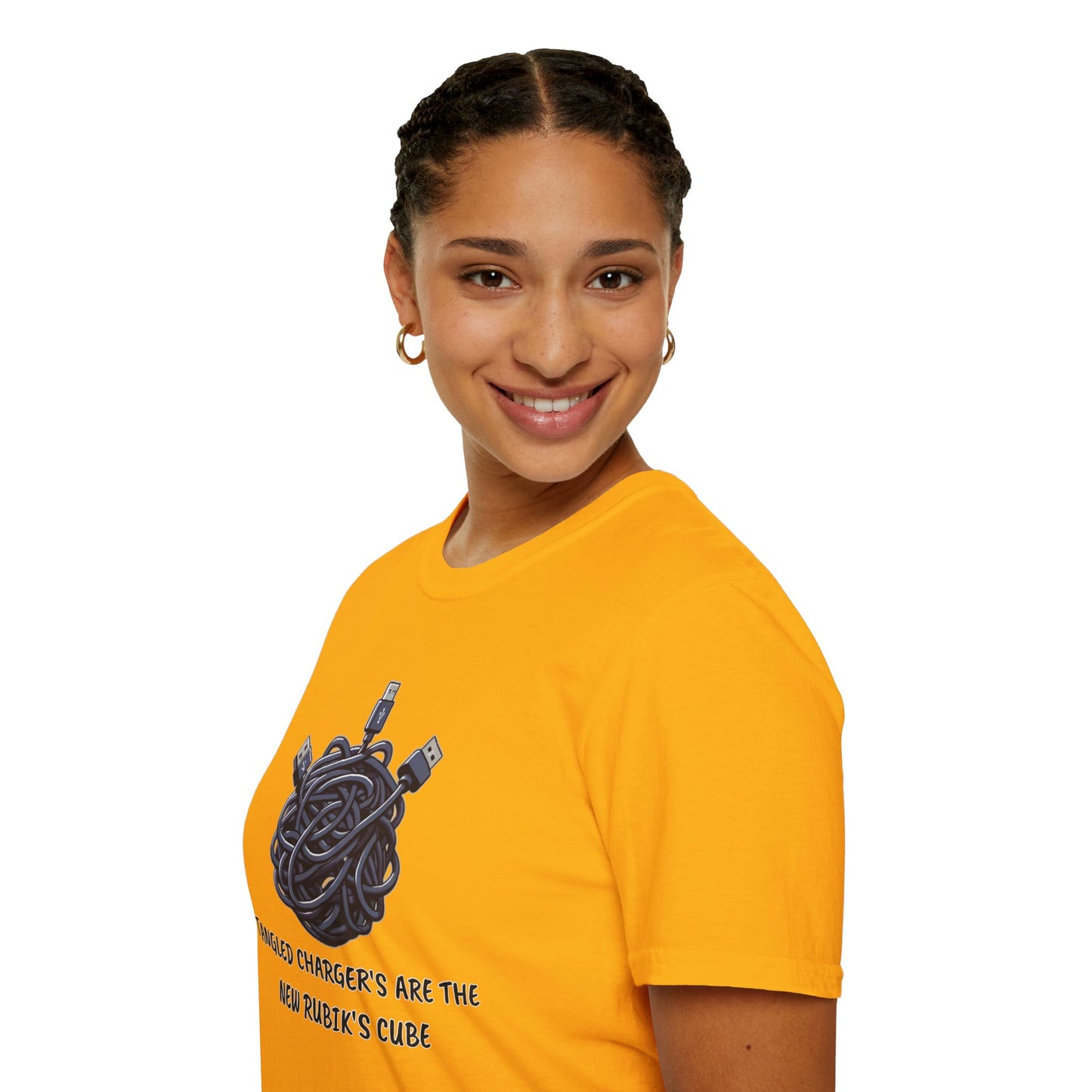 Charger Chaos Tee, Untangling Cords, The Modern-Day Rubik's Cube Challenge | Funny Graphic T-Shirt for Tech-Savvy Adults!