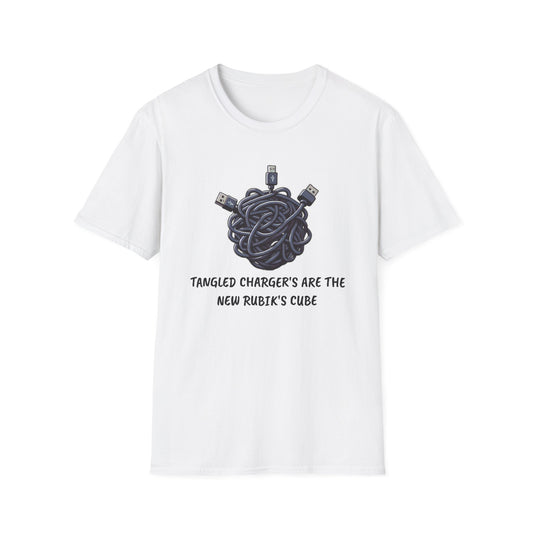 Charger Chaos Tee, Untangling Cords, The Modern-Day Rubik's Cube Challenge | Funny Graphic T-Shirt for Tech-Savvy Adults!