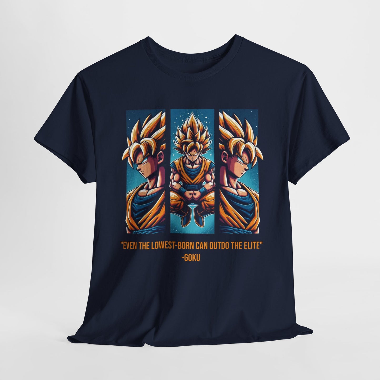 Dragon Power Tee: Goku's Rise - 'Even the Lowest Born Can Outdo the Elite' - 3 Epic Angles Design Unisex Heavy cotton Tee