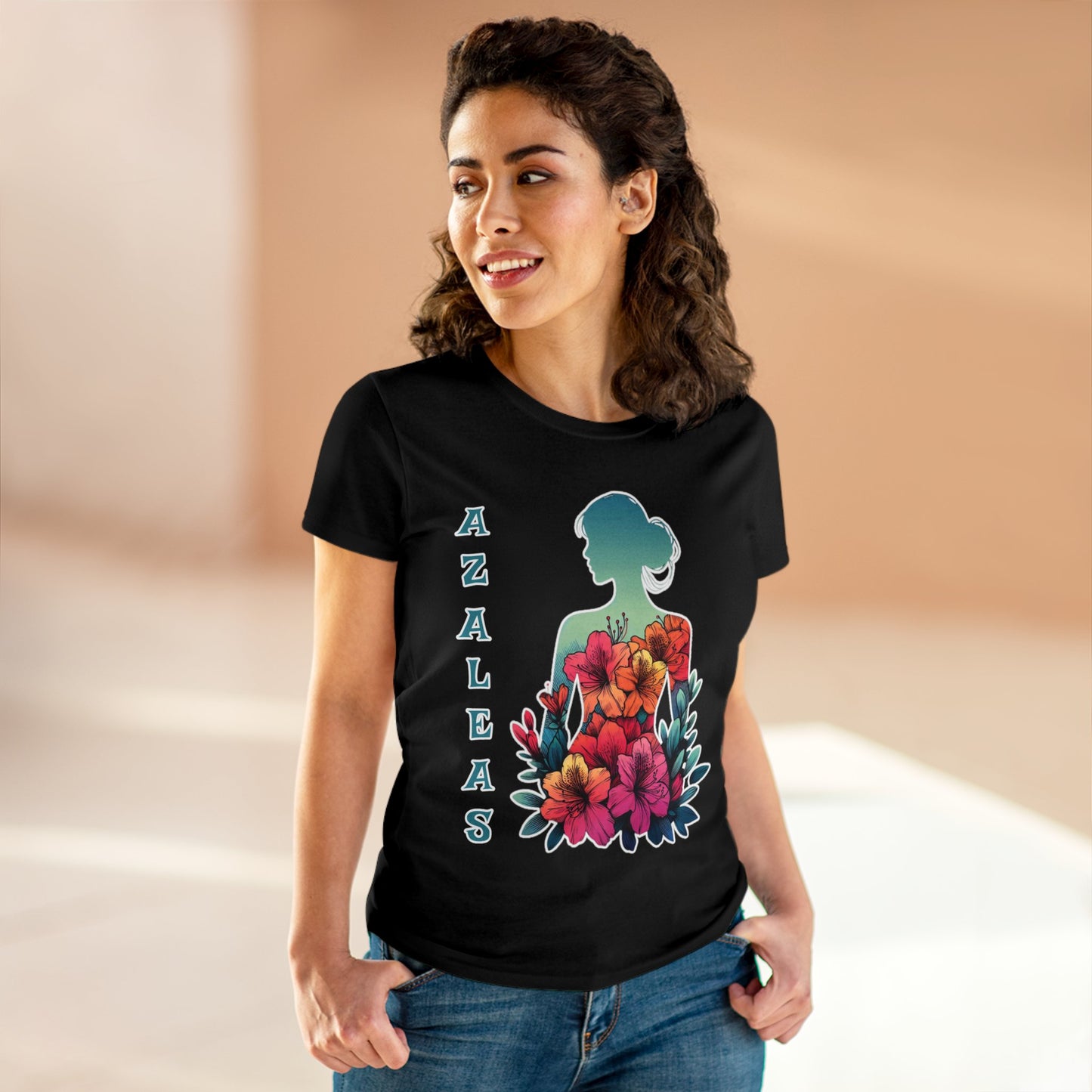 Azalea Whispers: Woman in Bloom, Midweight Cotton Tee