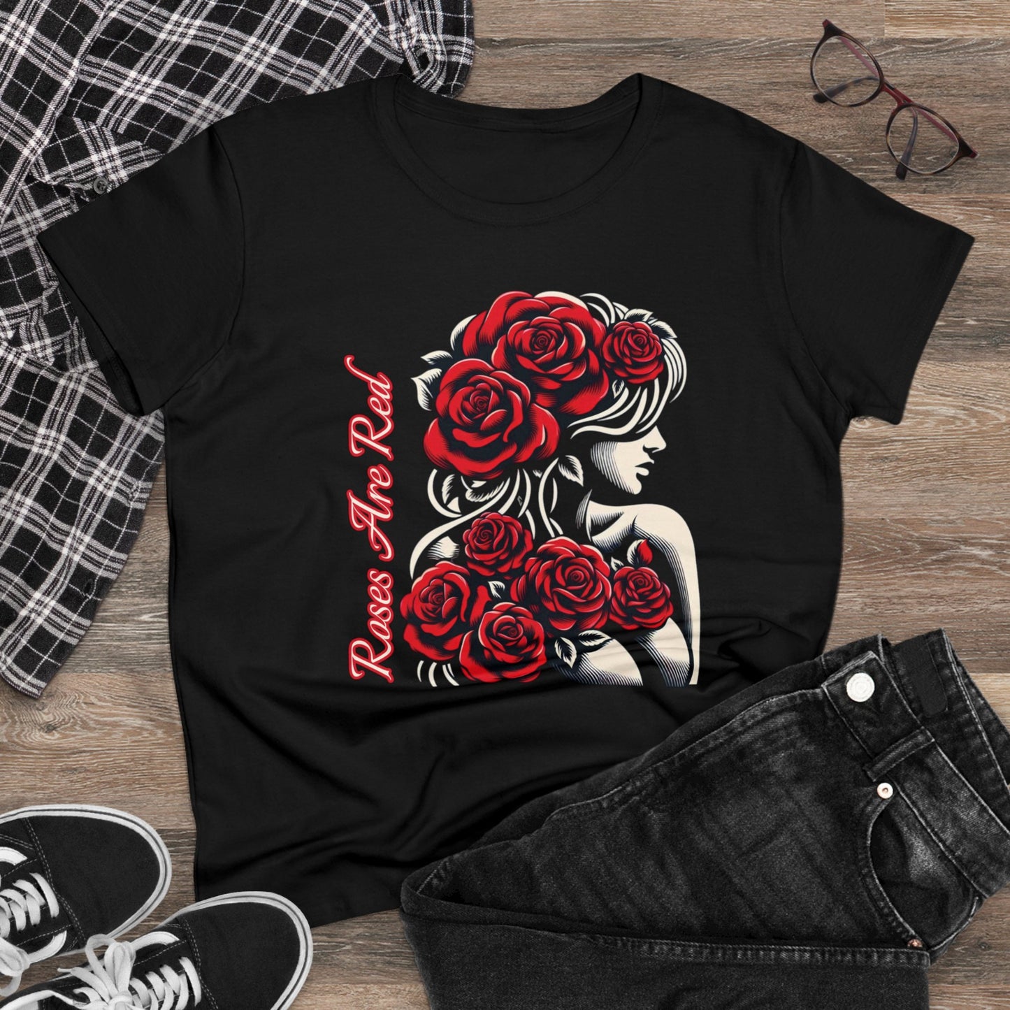 Rosy Radiance: Floral Femme Fatale Women's Midweight Cotton Tee