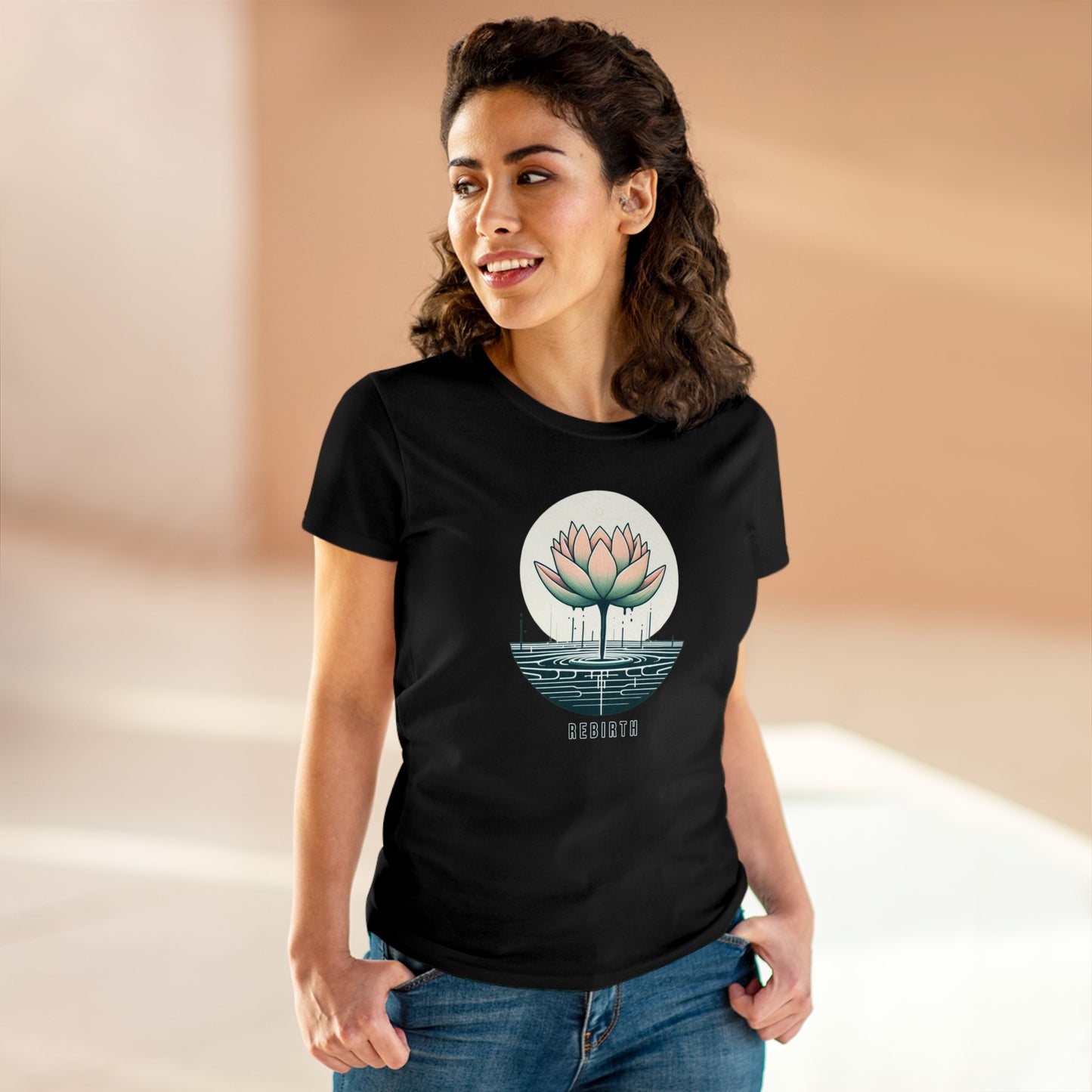 Blossoming Beauty, Women's Cotton Graphic T-Shirt with Lotus Flower Embrace and Rebirth Text