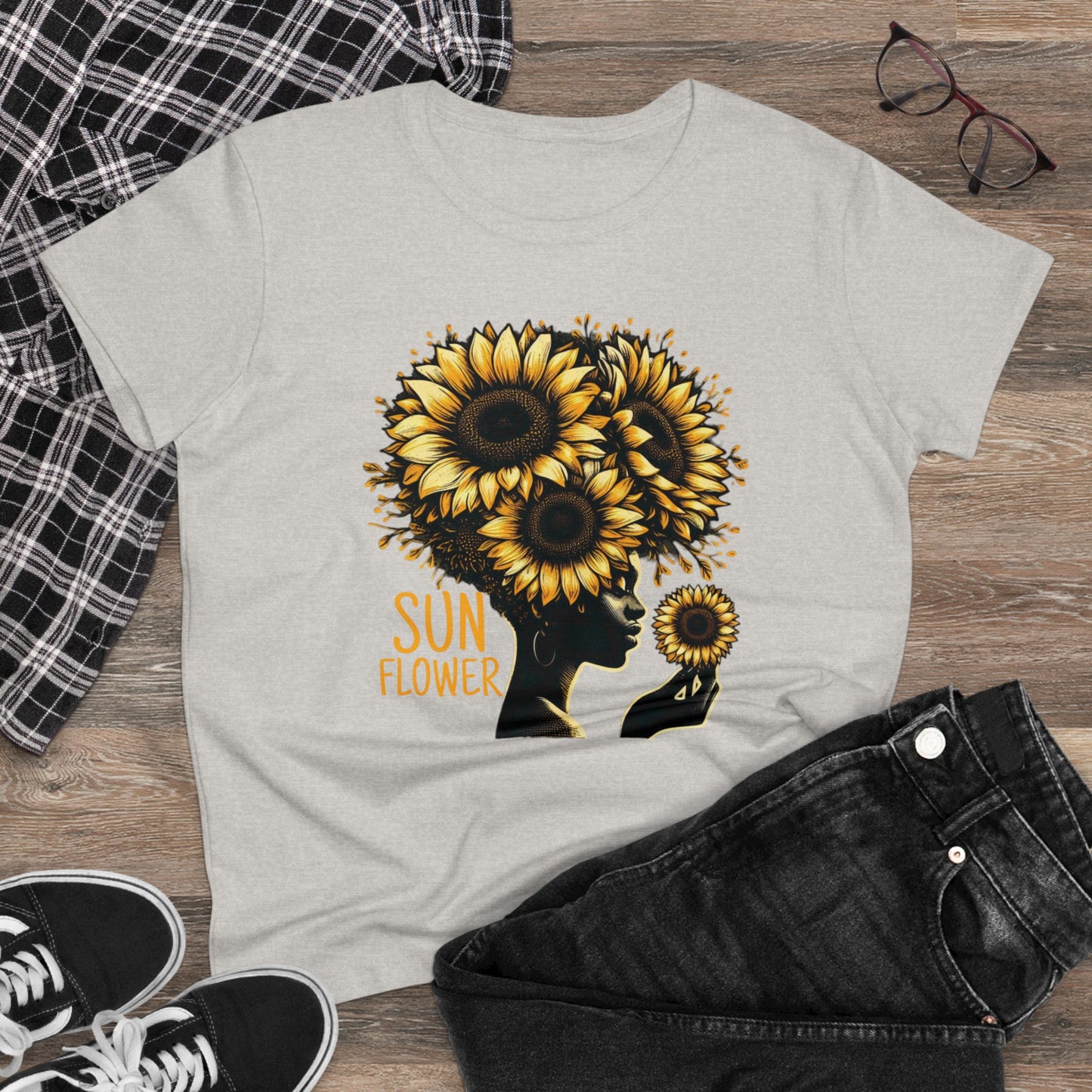 Radiant Majesty: Sunflower Goddess Midweight Cotton Tee
