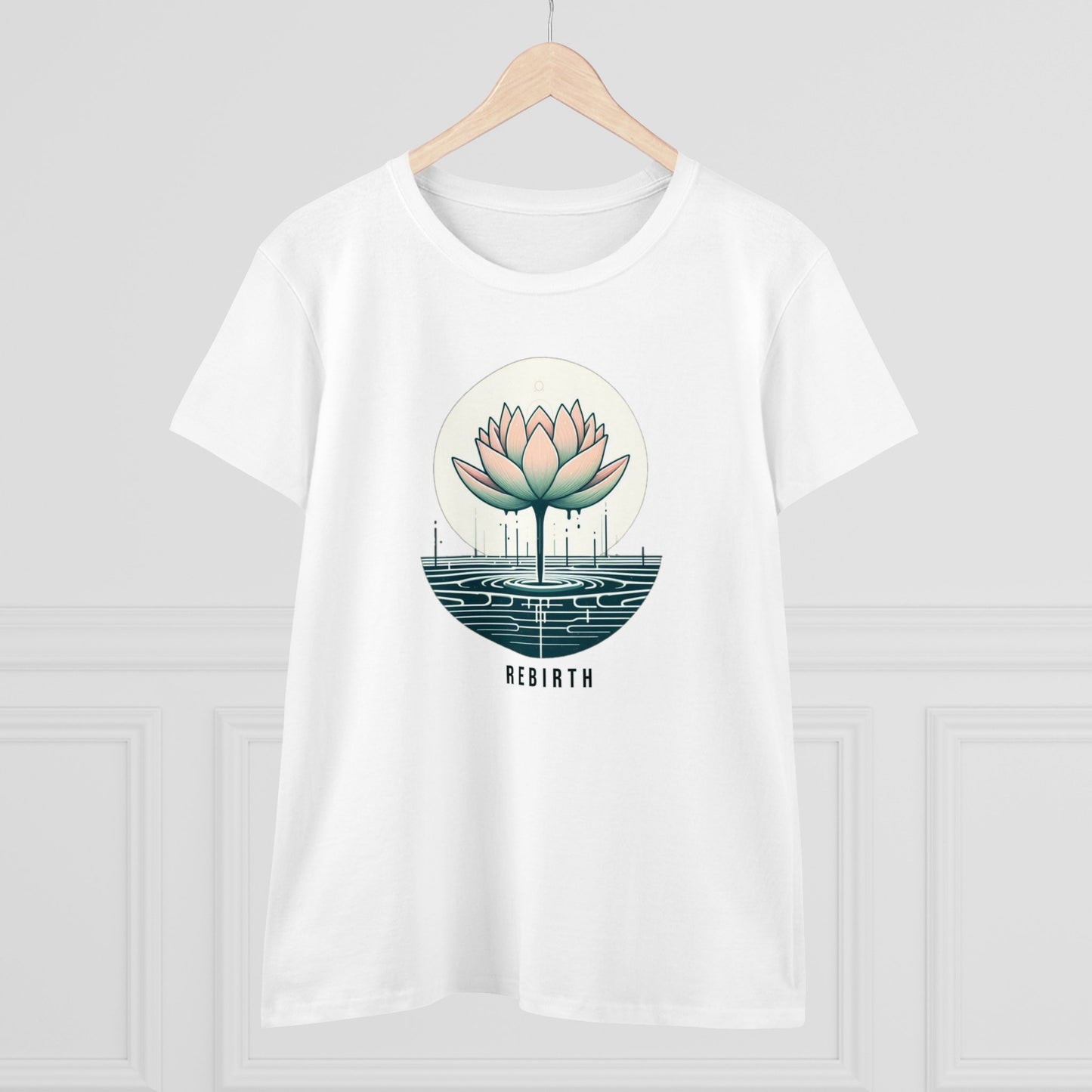 Blossoming Beauty, Women's Cotton Graphic T-Shirt with Lotus Flower Embrace and Rebirth Text