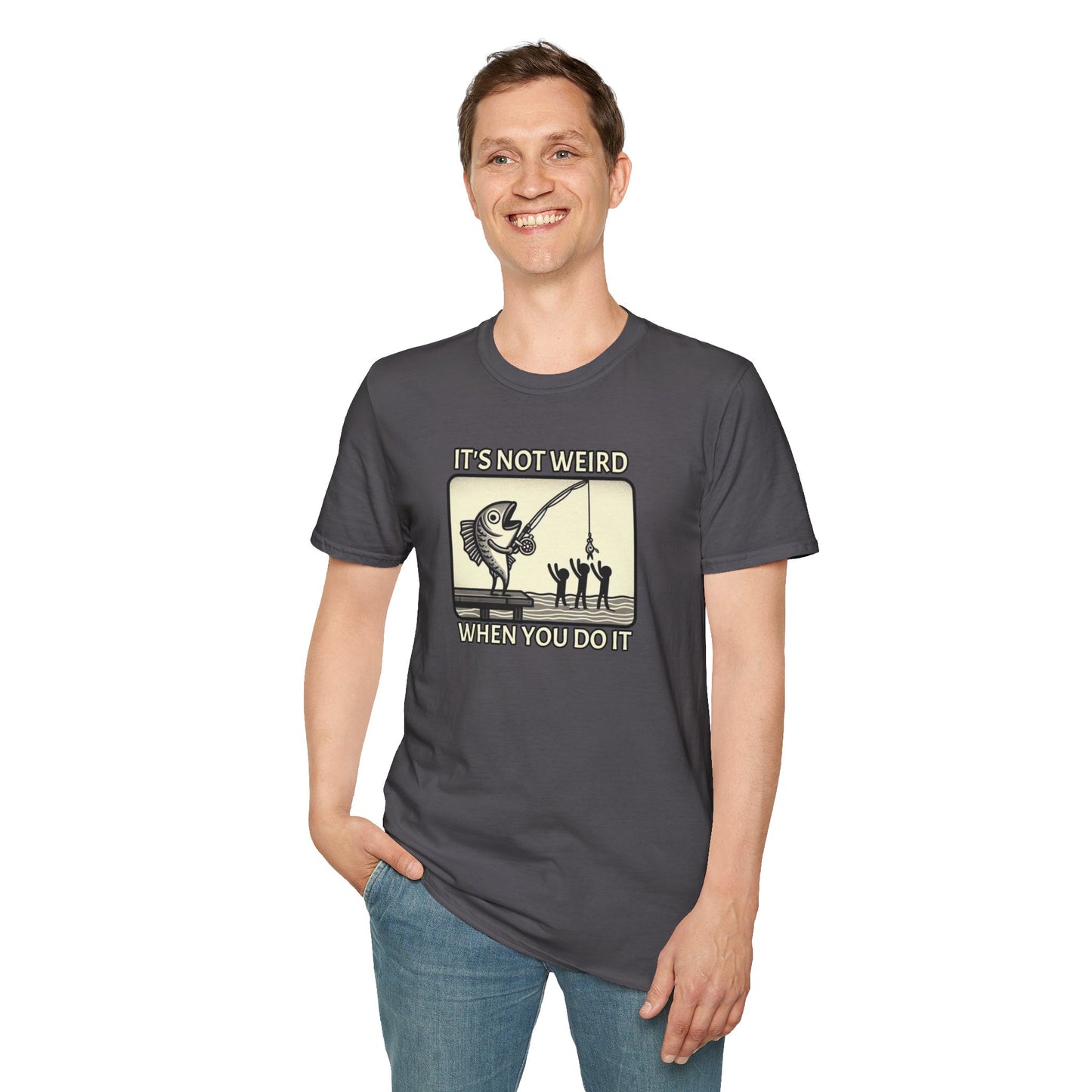 Fish Out of Water: Reeling in the Irony with Human Fishing Graphic T-shirt