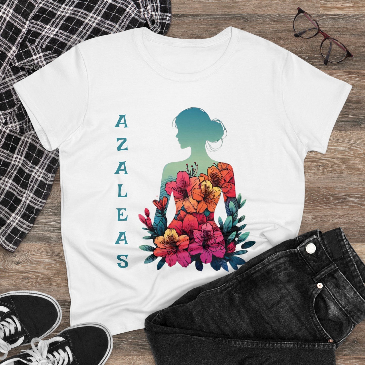 Azalea Whispers: Woman in Bloom, Midweight Cotton Tee