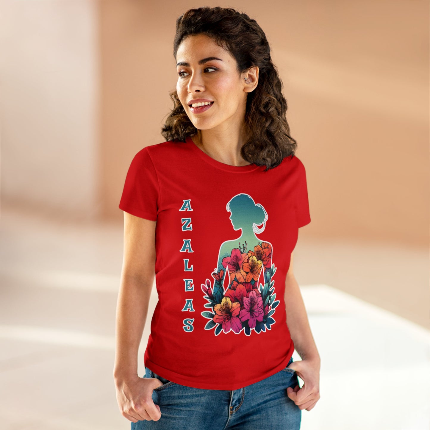 Azalea Whispers: Woman in Bloom, Midweight Cotton Tee
