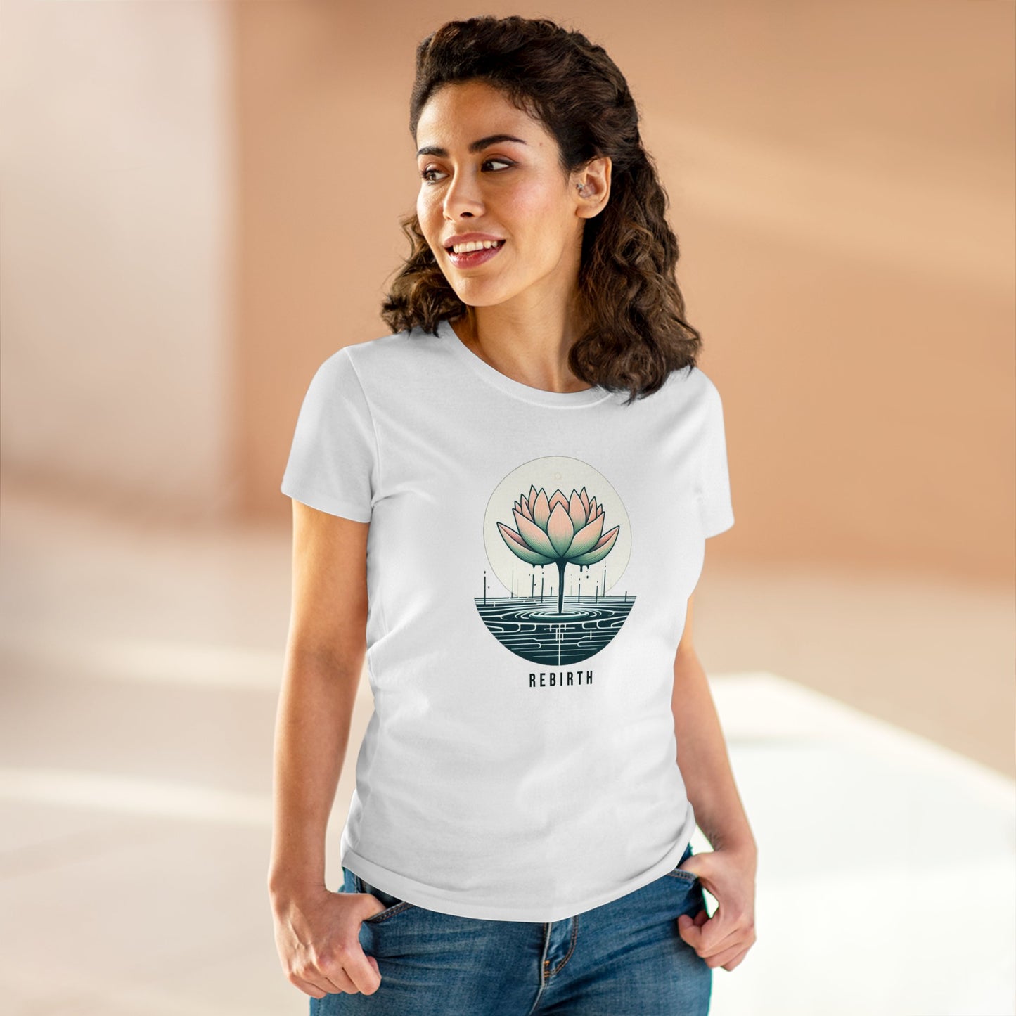 Blossoming Beauty, Women's Cotton Graphic T-Shirt with Lotus Flower Embrace and Rebirth Text