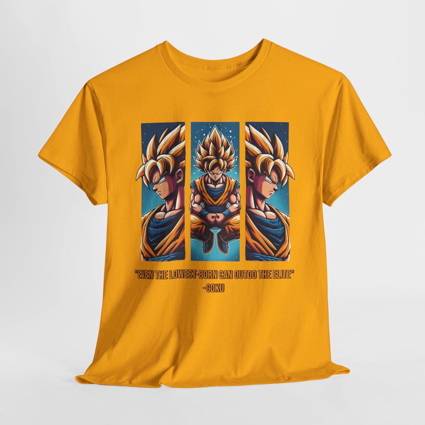 Dragon Power Tee: Goku's Rise - 'Even the Lowest Born Can Outdo the Elite' - 3 Epic Angles Design Unisex Heavy cotton Tee