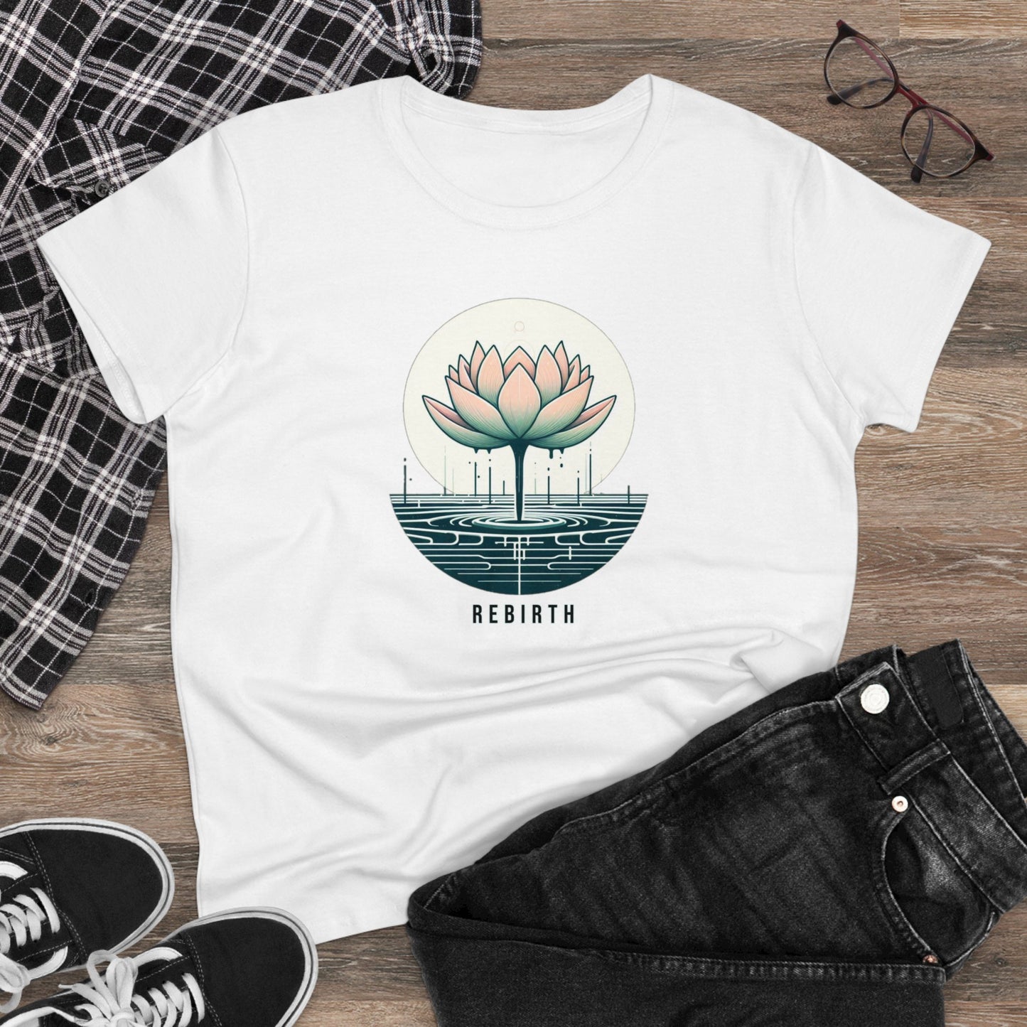 Blossoming Beauty, Women's Cotton Graphic T-Shirt with Lotus Flower Embrace and Rebirth Text