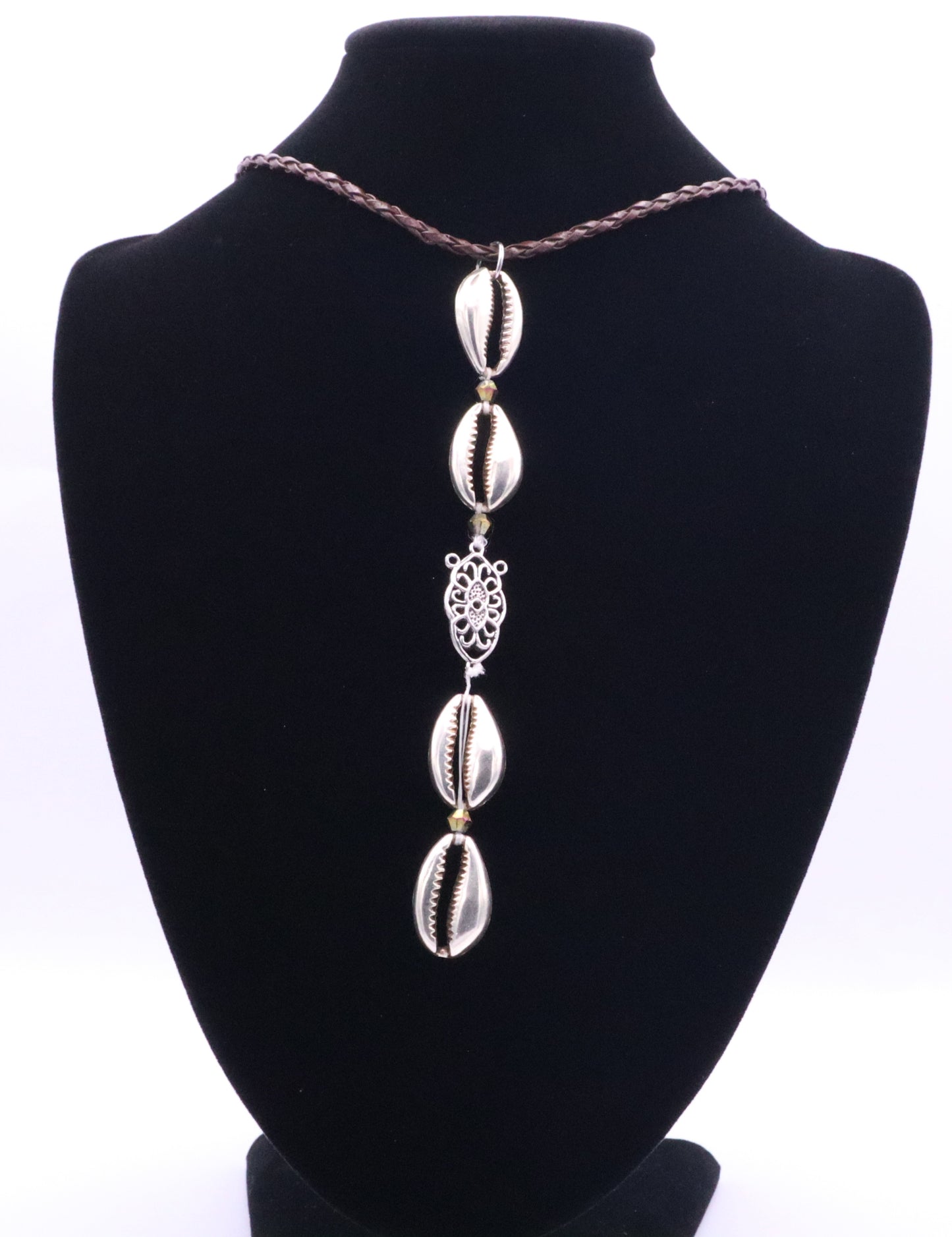 Metal Sea Shell with Brown Twine Necklace