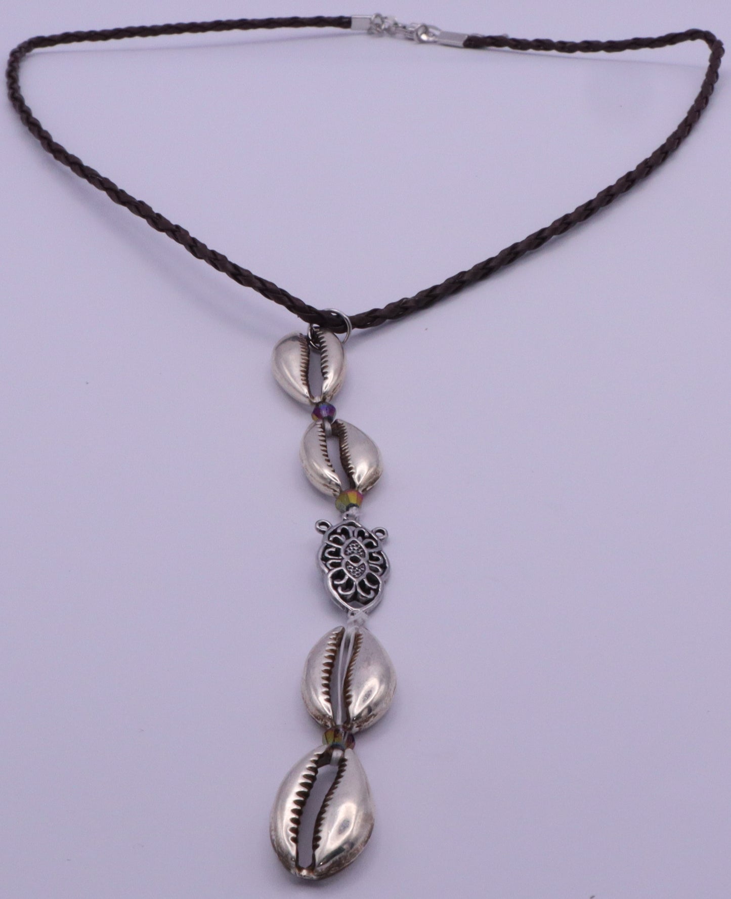 Metal Sea Shell with Brown Twine Necklace