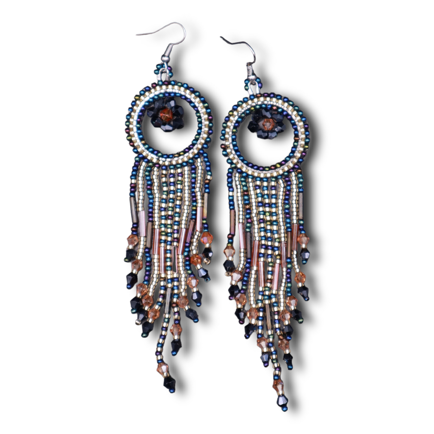 Beaded fringe earrings with metallic peacock seed bead earrings beadwork jewelry