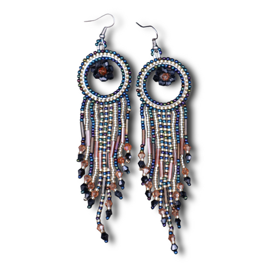 Beaded fringe earrings with metallic peacock seed bead earrings beadwork jewelry