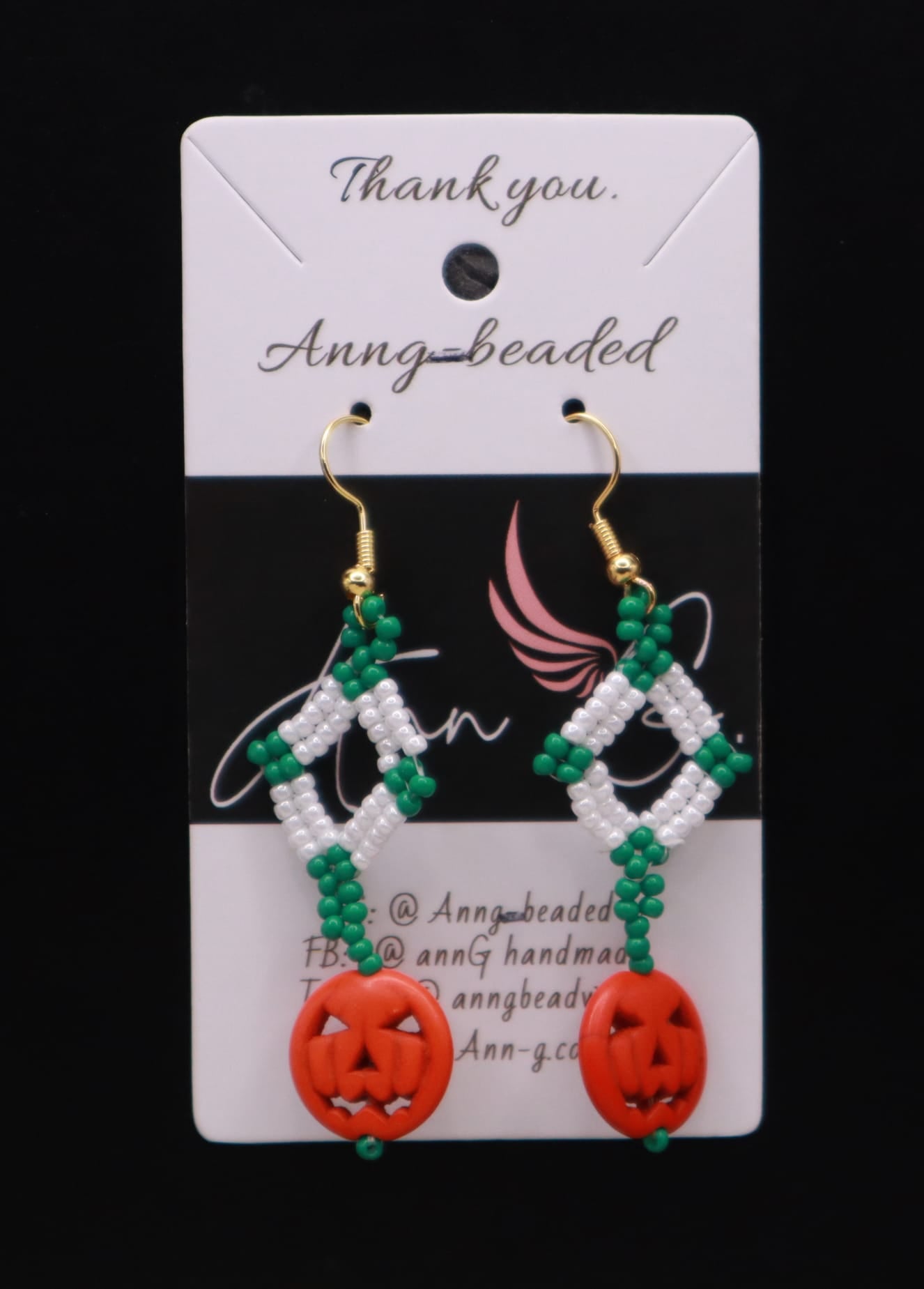 Diamond shaped Beaded Earrings w/pumpkin pendant 2pc
