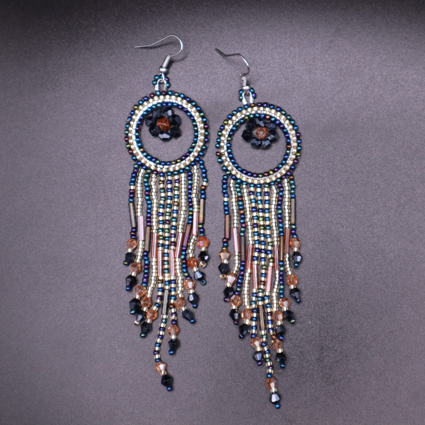 Beaded fringe earrings with metallic peacock seed bead earrings beadwork jewelry