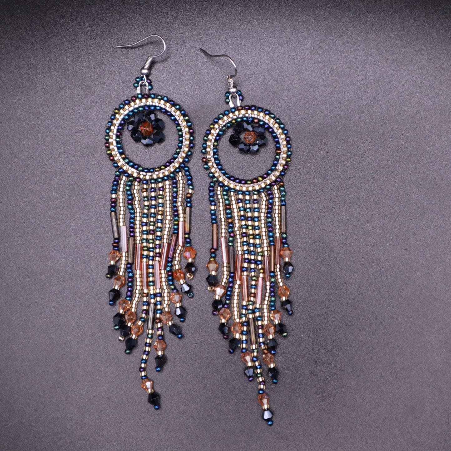 Beaded fringe earrings with metallic peacock seed bead earrings beadwork jewelry