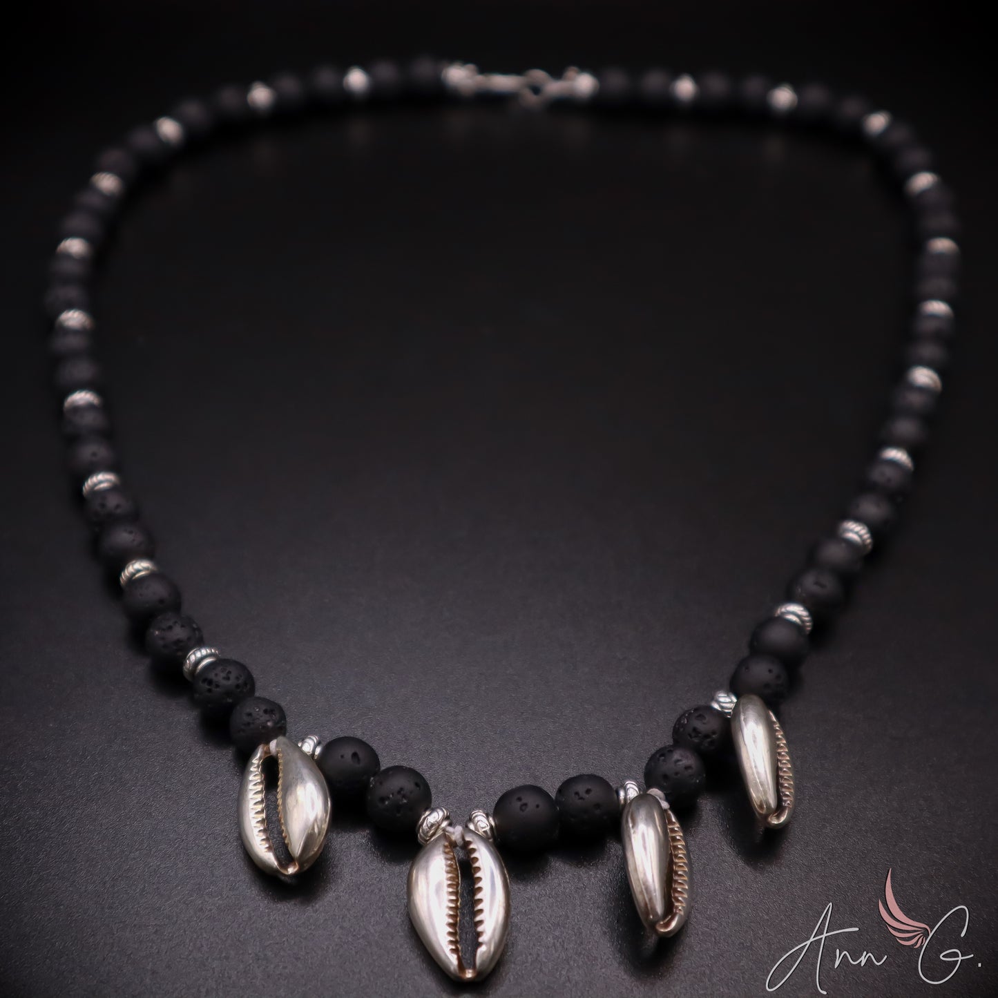 Metal Sea Shell and Black Bead Necklace