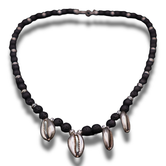 Metal Sea Shell and Black Bead Necklace