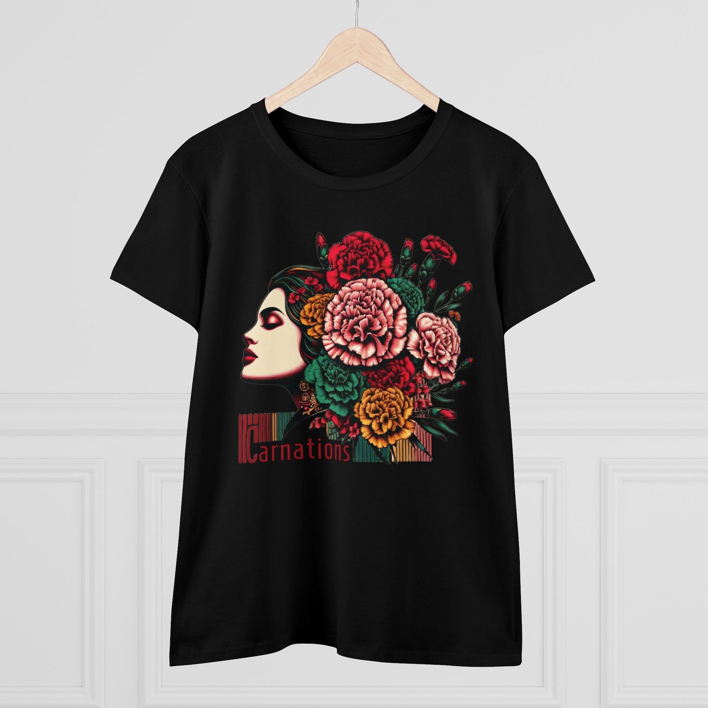 Petals and Poise: Carnation Lady Graphic Midweight Cotton Tee