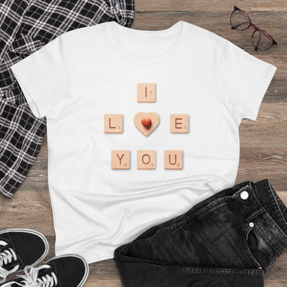 Tile Talk: Women's 'I Love You' Scrabble Graphic Tee - Spellbound Affection! Midweight Cotton Tee